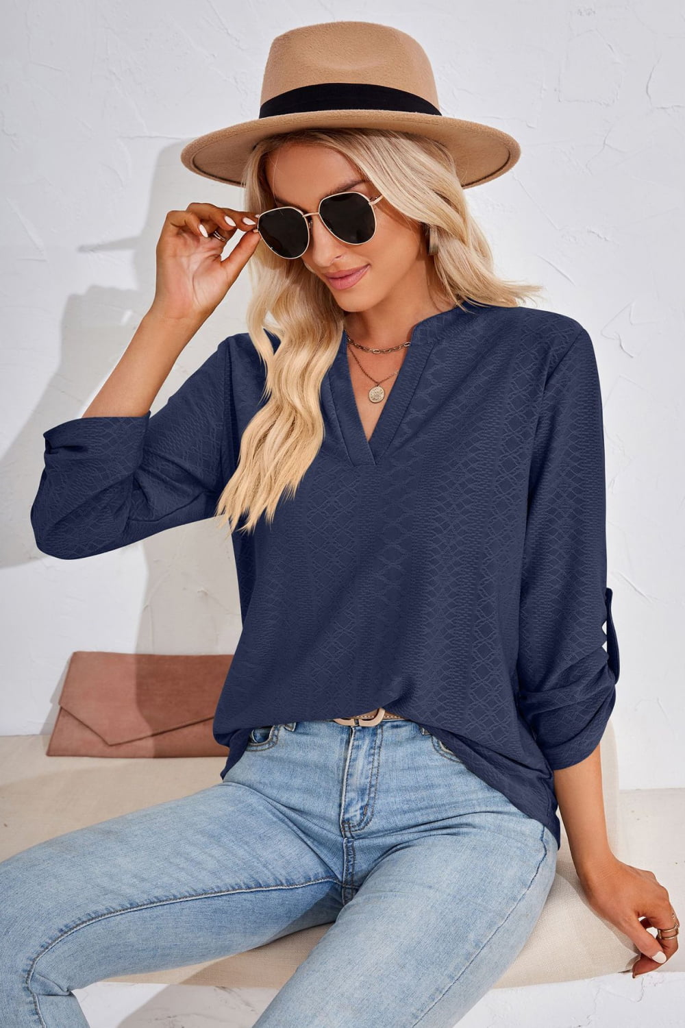 V-Neck Roll-Tap Sleeve Blouse - Women’s Clothing & Accessories - Shirts & Tops - 12 - 2024