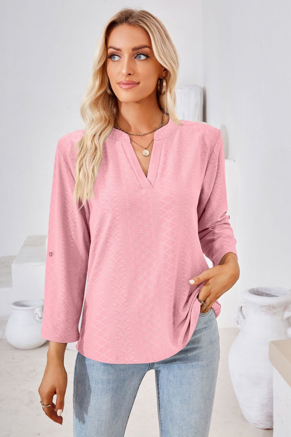 V-Neck Roll-Tap Sleeve Blouse - Light Pink / S - Women’s Clothing & Accessories - Shirts & Tops - 19 - 2024