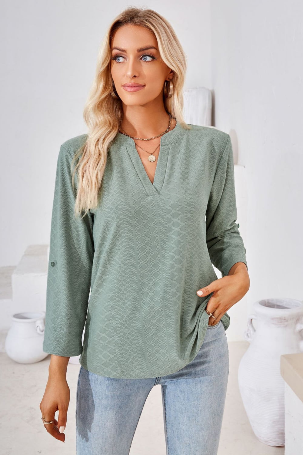 V-Neck Roll-Tap Sleeve Blouse - Green / S - Women’s Clothing & Accessories - Shirts & Tops - 13 - 2024