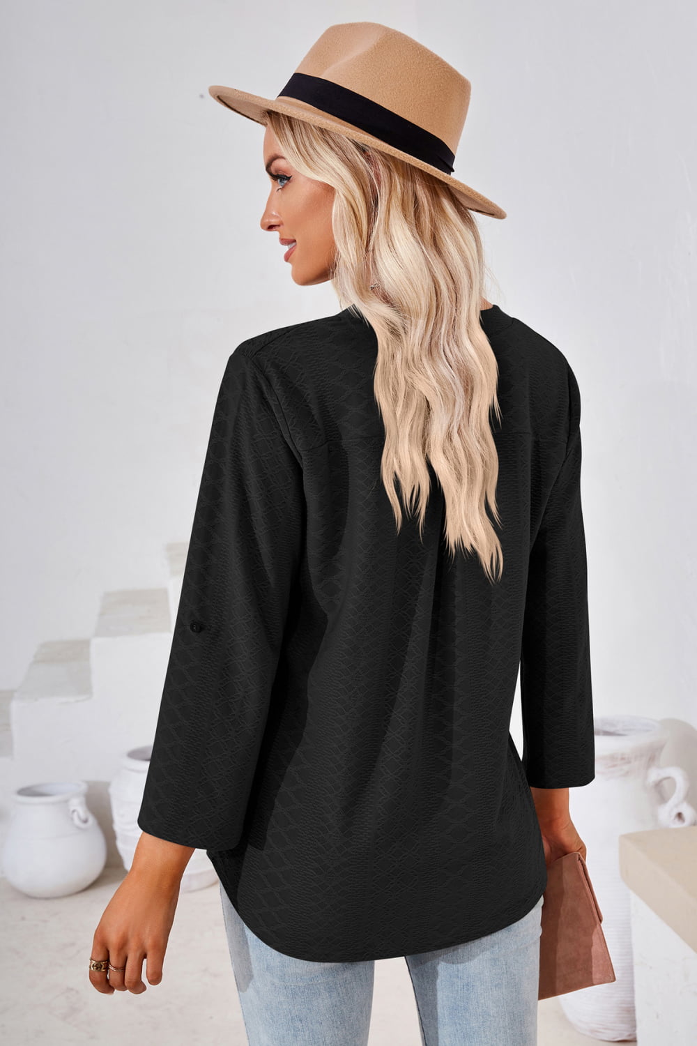 V-Neck Roll-Tap Sleeve Blouse - Women’s Clothing & Accessories - Shirts & Tops - 5 - 2024