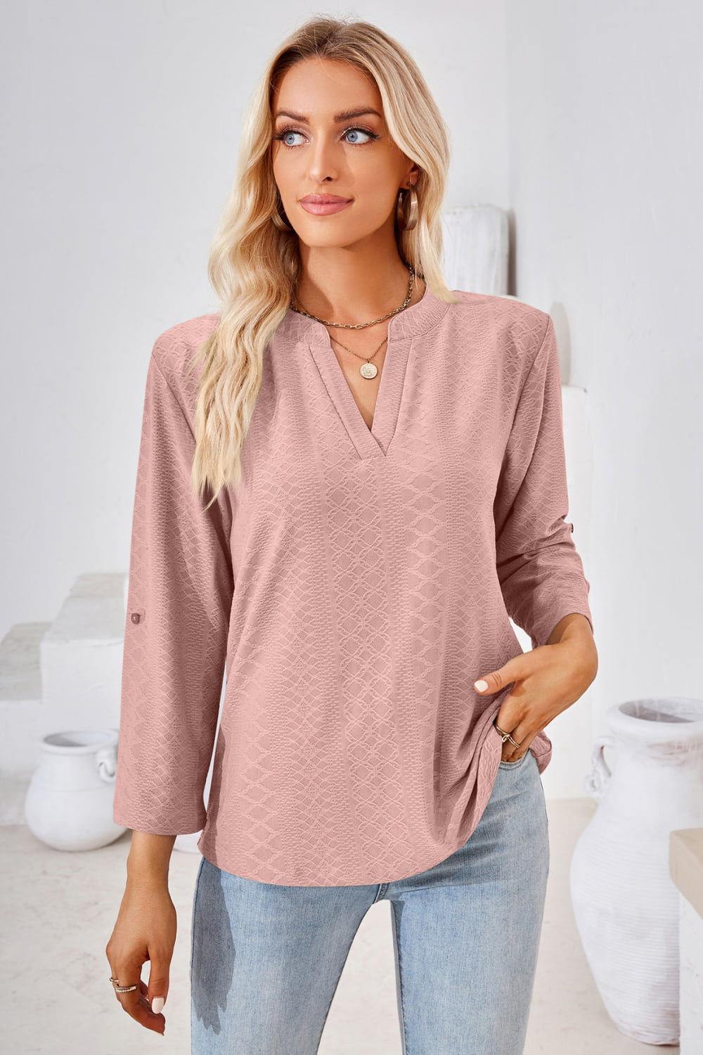 V-Neck Roll-Tap Sleeve Blouse - Pink / S - Women’s Clothing & Accessories - Shirts & Tops - 16 - 2024