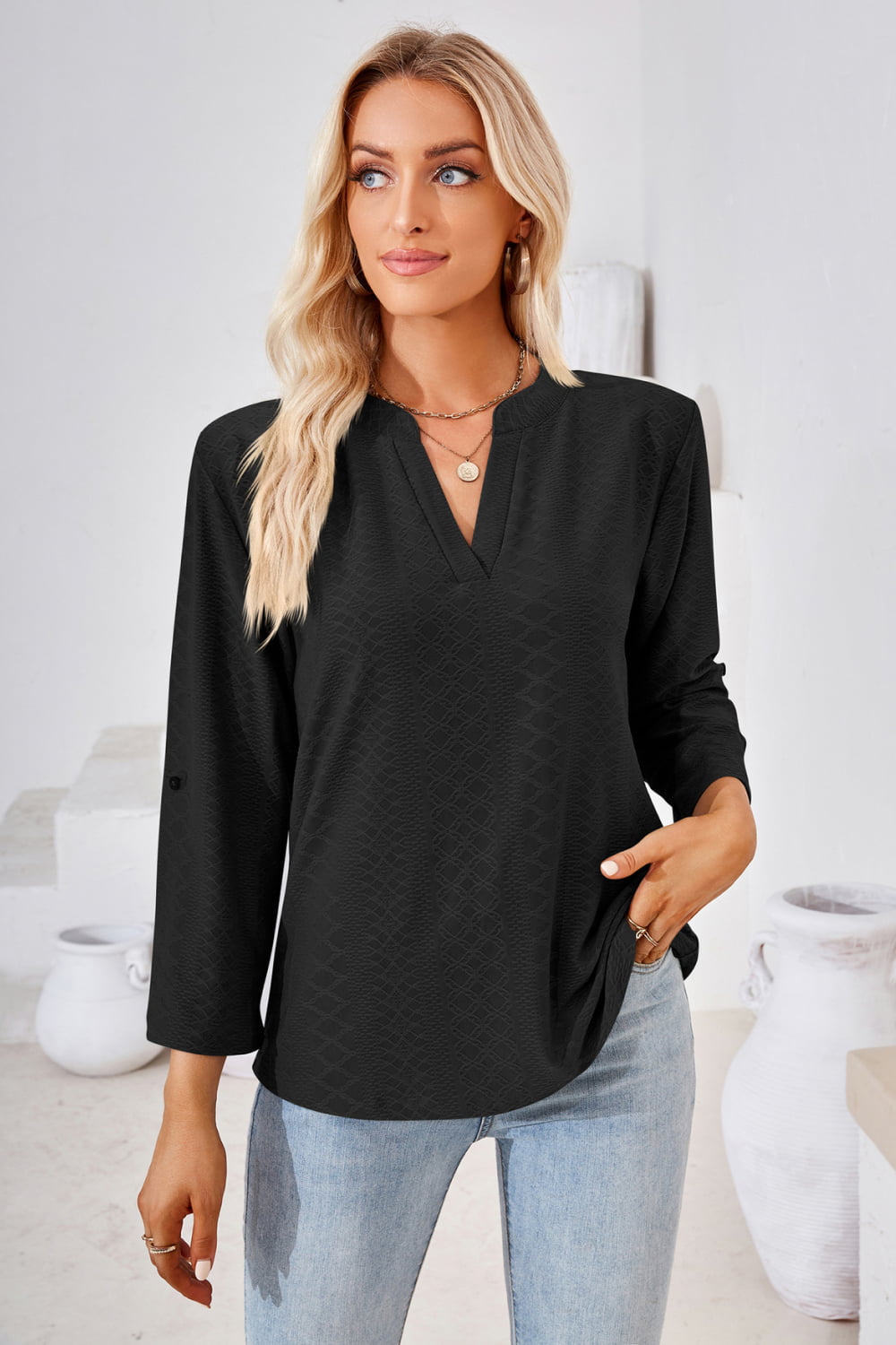 V-Neck Roll-Tap Sleeve Blouse - Black / S - Women’s Clothing & Accessories - Shirts & Tops - 4 - 2024