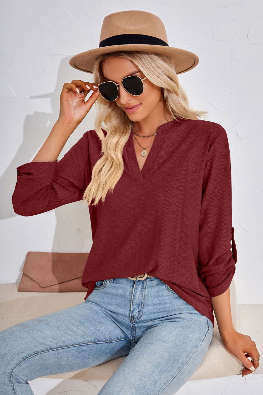 V-Neck Roll-Tap Sleeve Blouse - Women’s Clothing & Accessories - Shirts & Tops - 9 - 2024