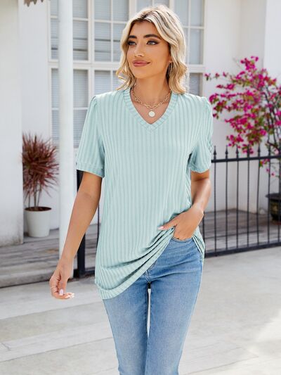 V-Neck Short Sleeve Blouse - Mint Blue / S - Women’s Clothing & Accessories - Shirts & Tops - 21 - 2024