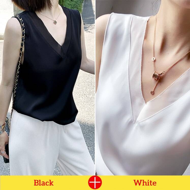 V-Neck Sleeveless Silk Top - XXXL / Black and White, 2 Pcs - Women’s Clothing & Accessories - Shirts & Tops - 16 - 2024