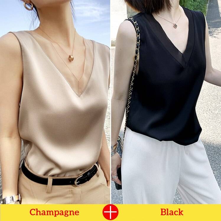 V-Neck Sleeveless Silk Top - XXXL / Black and Champagne, 2 Pcs - Women’s Clothing & Accessories - Shirts & Tops - 17