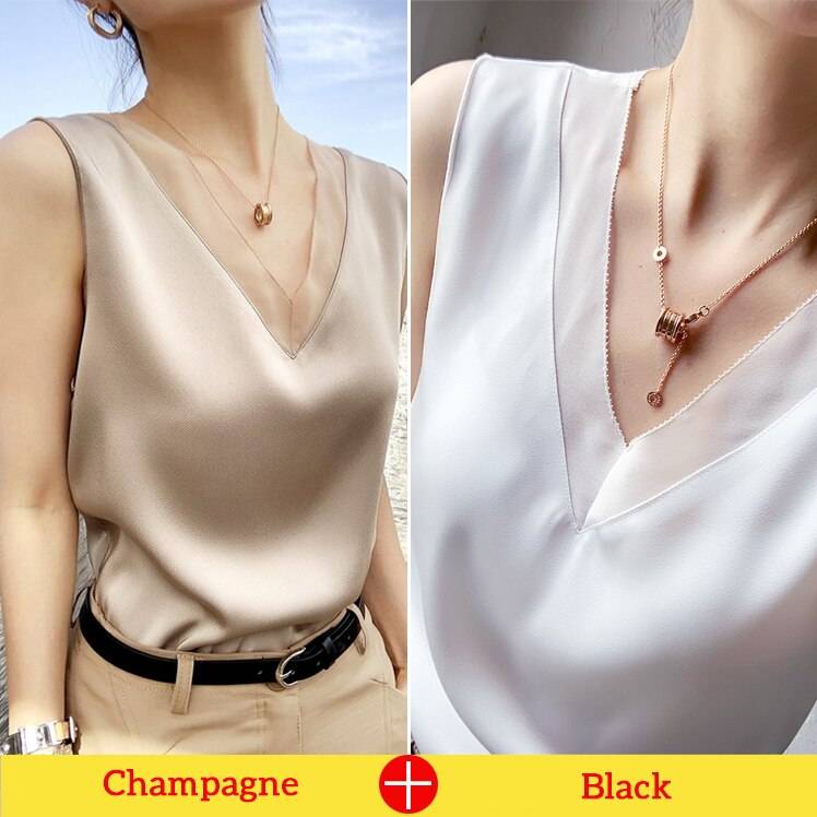 V-Neck Sleeveless Silk Top - XXXL / White and Champagne, 2 Pcs - Women’s Clothing & Accessories - Shirts & Tops - 20