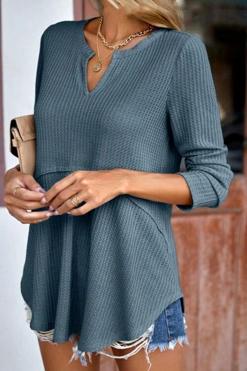 Waffle-Knit Notched Long Sleeve Blouse - Women’s Clothing & Accessories - Shirts & Tops - 4 - 2024