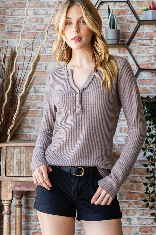 Waffle Knit Notched Long Sleeve Top - MOCHA / S - Women’s Clothing & Accessories - Shirts & Tops - 1 - 2024