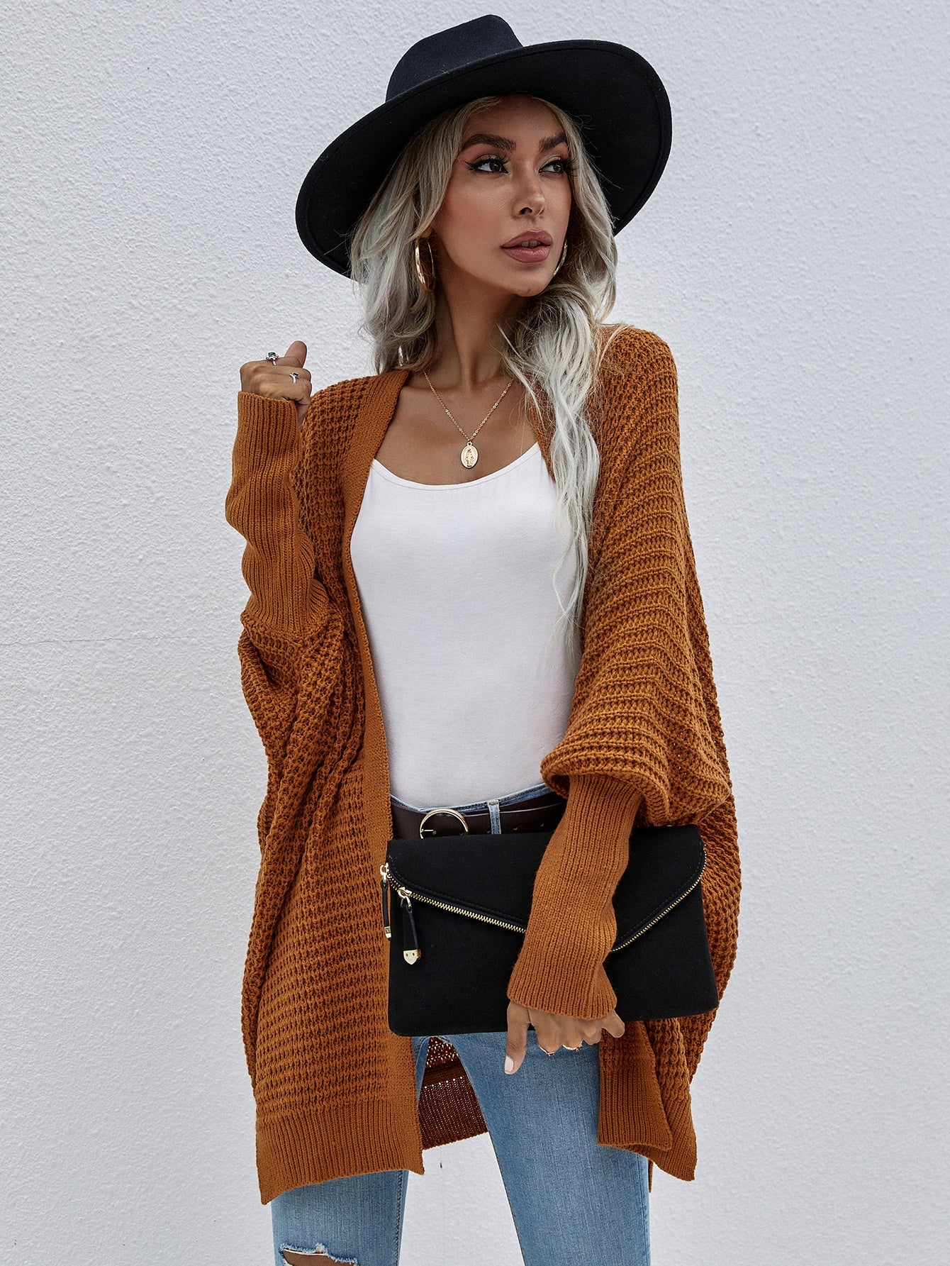 Waffle Knit Open Front Cardigan - Brown / S - Women’s Clothing & Accessories - Shirts & Tops - 9 - 2024