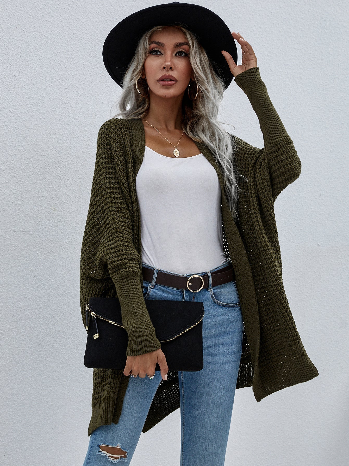 Waffle Knit Open Front Cardigan - Dark Green / S - Women’s Clothing & Accessories - Shirts & Tops - 6 - 2024