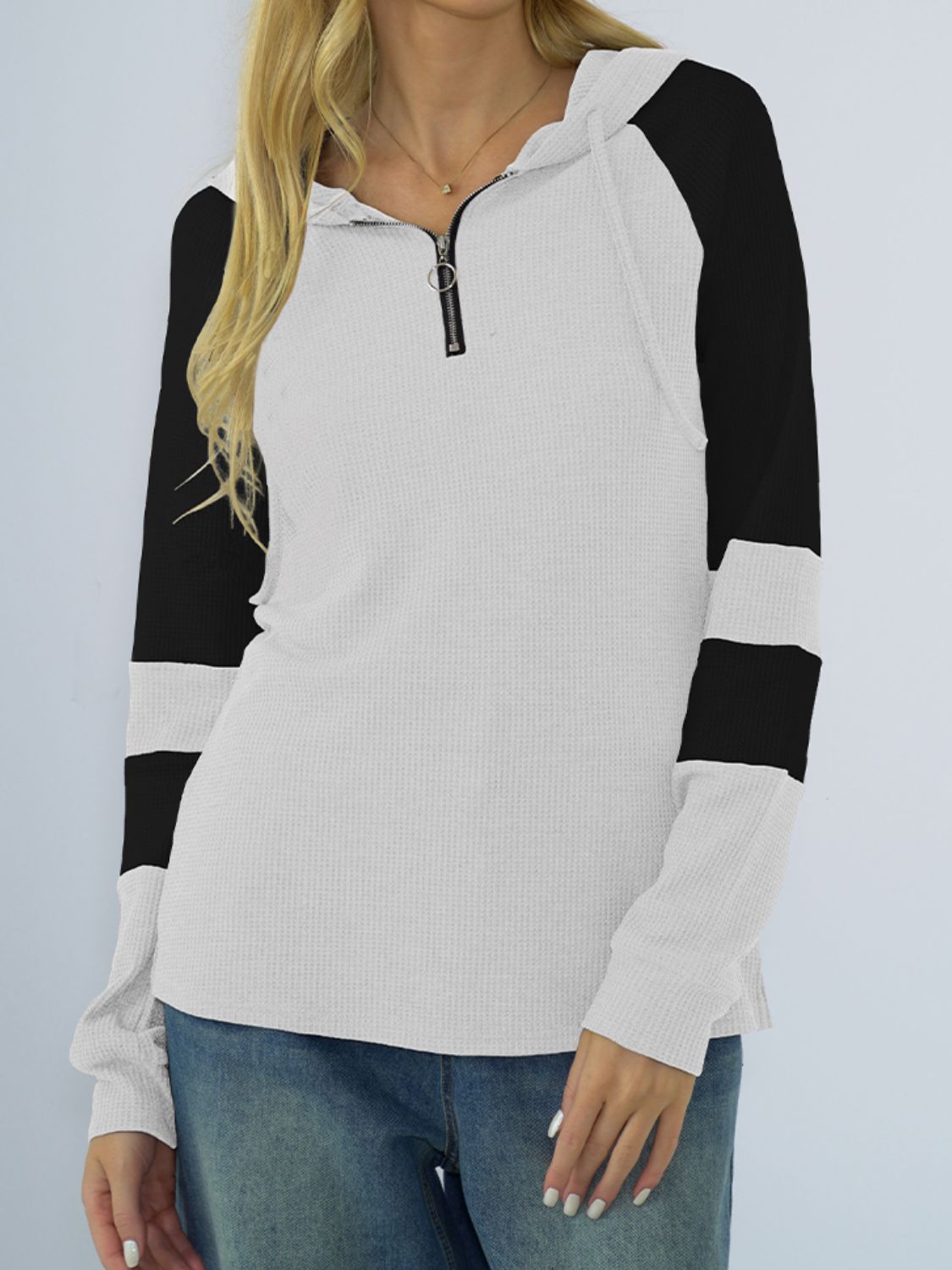 Waffle-Knit Raglan Sleeve Zipper Front Hoody - Women’s Clothing & Accessories - Shirts & Tops - 3 - 2024