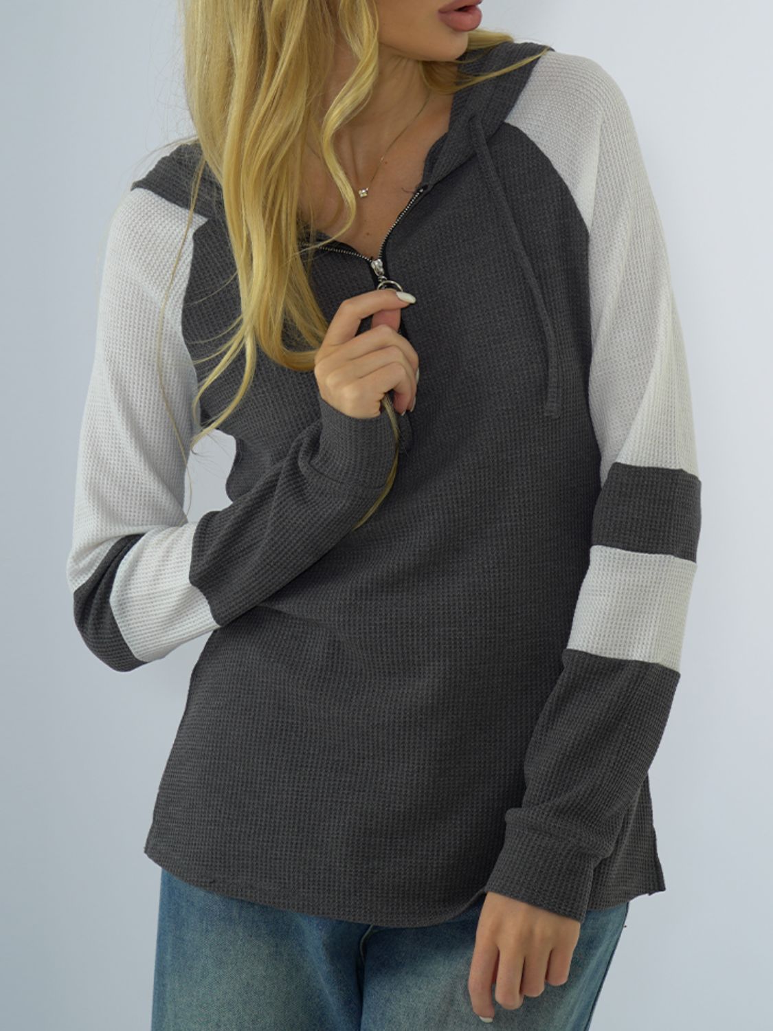 Waffle-Knit Raglan Sleeve Zipper Front Hoody - Women’s Clothing & Accessories - Shirts & Tops - 10 - 2024
