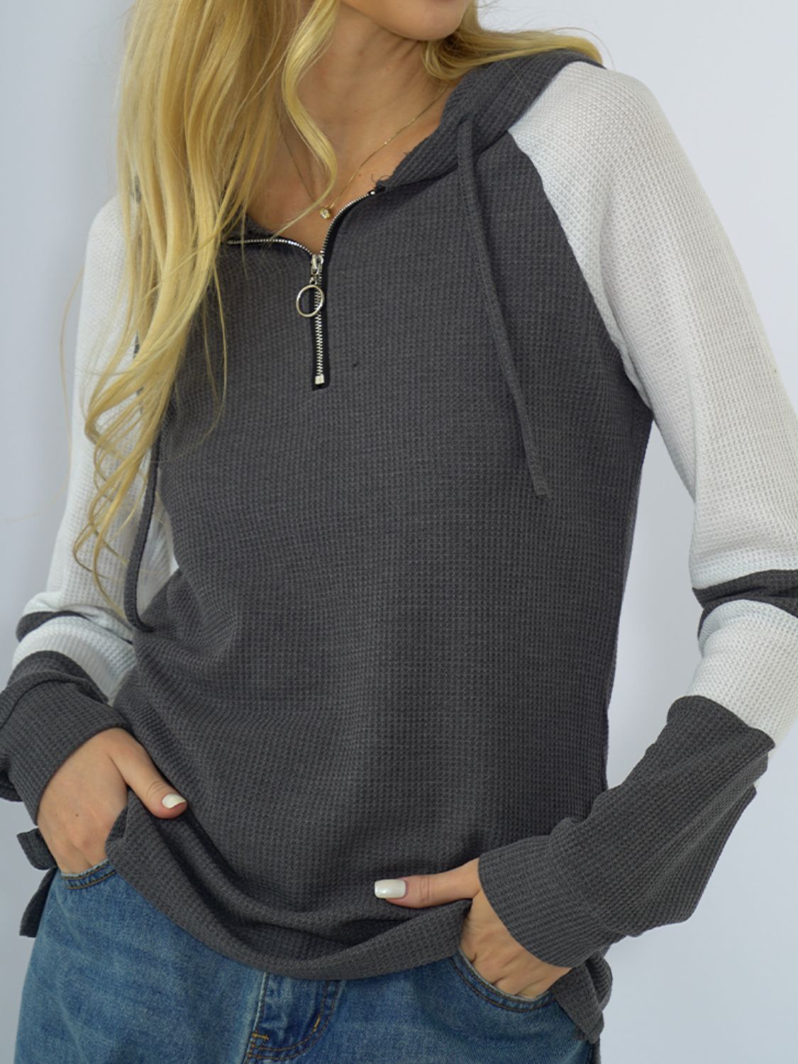 Waffle-Knit Raglan Sleeve Zipper Front Hoody - Women’s Clothing & Accessories - Shirts & Tops - 9 - 2024