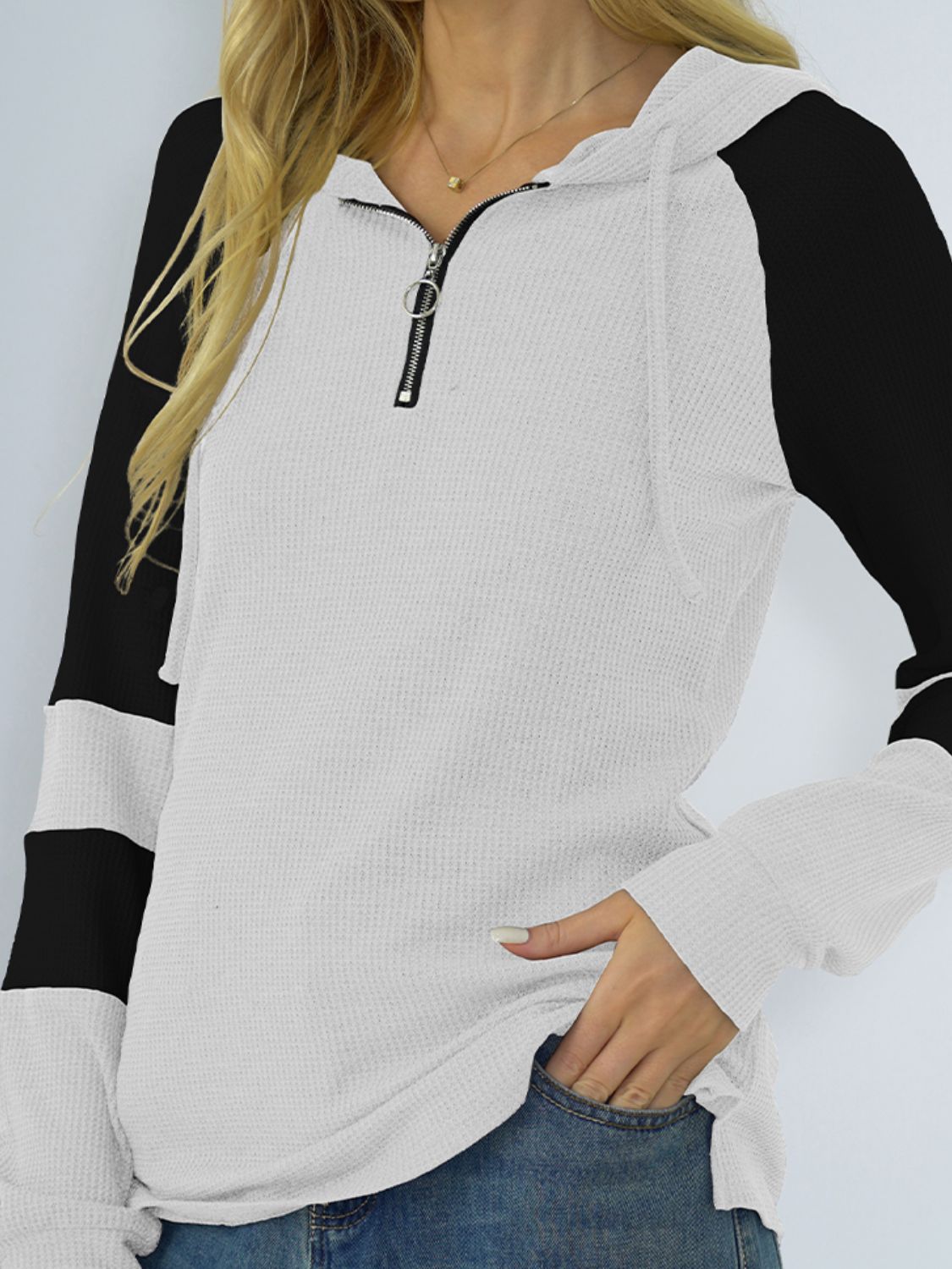 Waffle-Knit Raglan Sleeve Zipper Front Hoody - Women’s Clothing & Accessories - Shirts & Tops - 4 - 2024