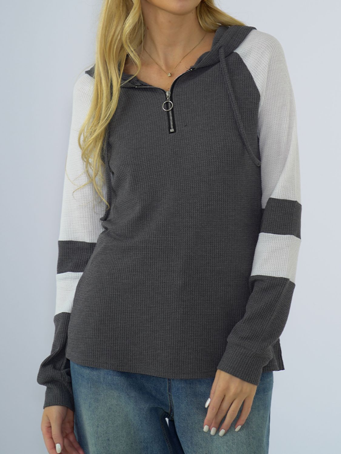 Waffle-Knit Raglan Sleeve Zipper Front Hoody - Women’s Clothing & Accessories - Shirts & Tops - 11 - 2024