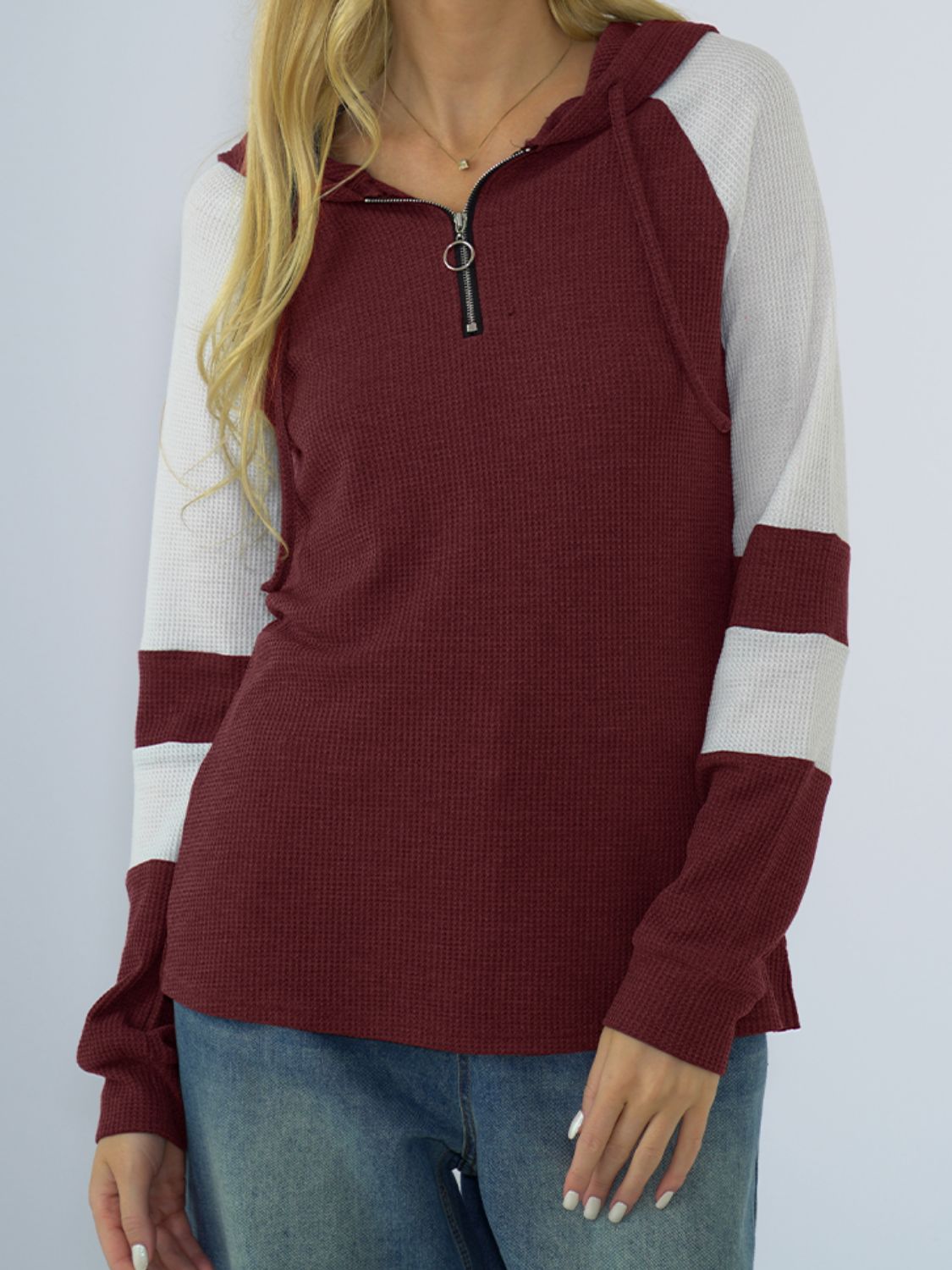 Waffle-Knit Raglan Sleeve Zipper Front Hoody - Dark Red / S - Women’s Clothing & Accessories - Shirts & Tops - 13 - 2024