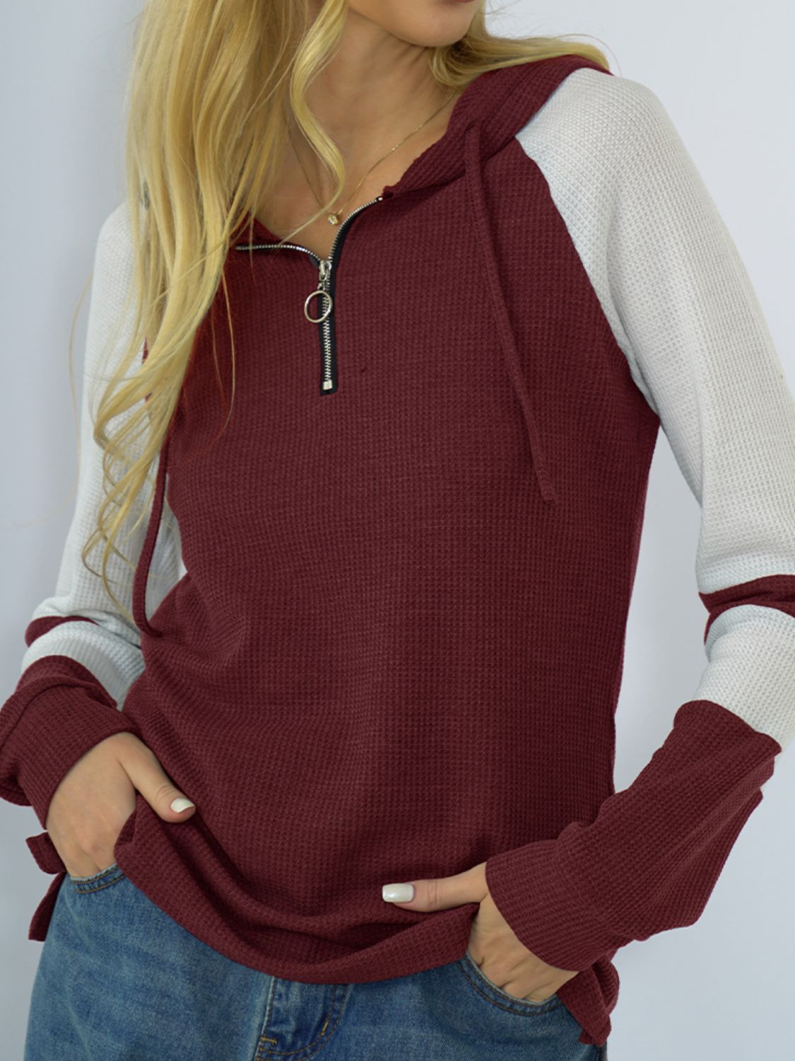 Waffle-Knit Raglan Sleeve Zipper Front Hoody - Women’s Clothing & Accessories - Shirts & Tops - 14 - 2024