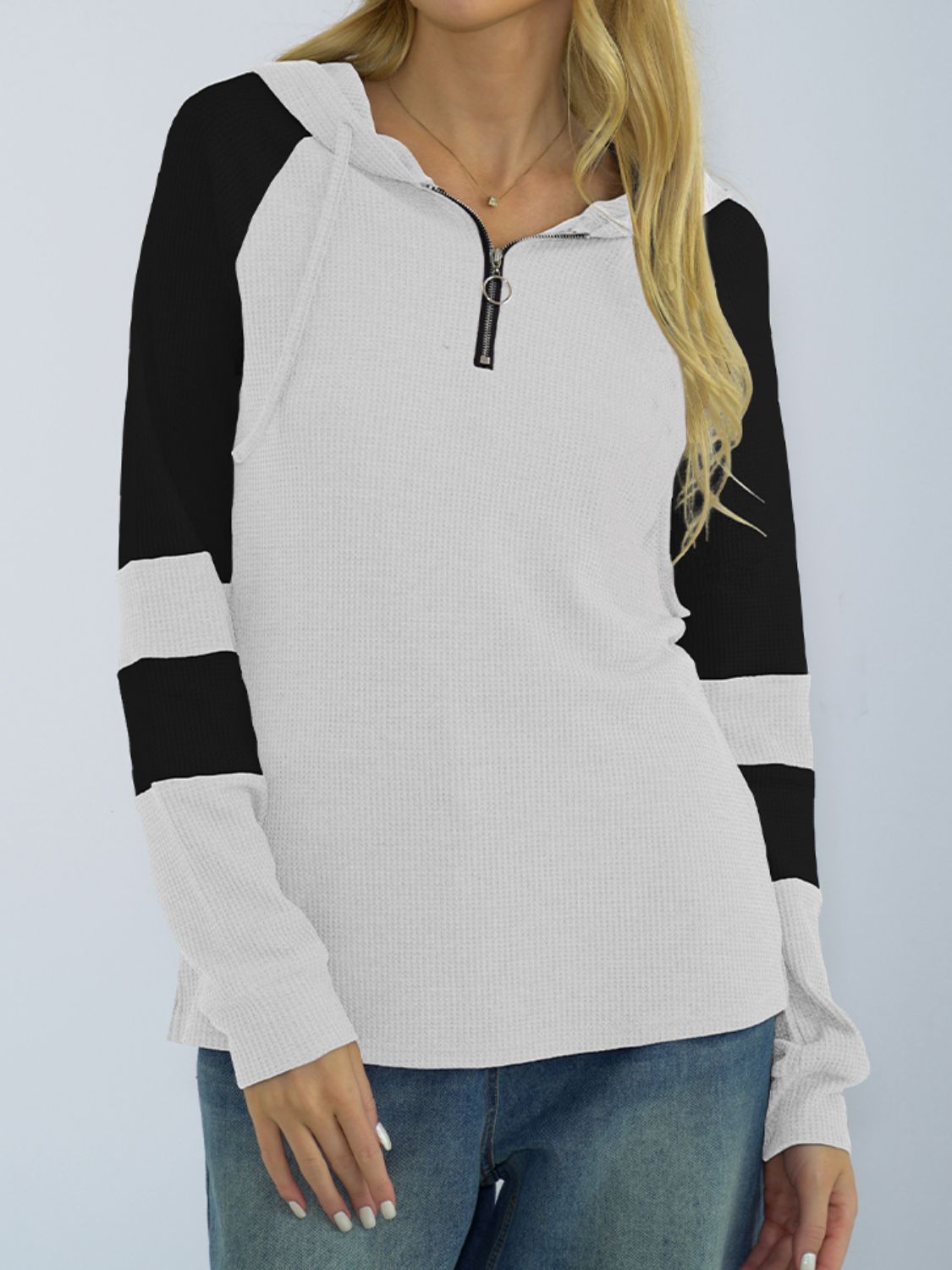 Waffle-Knit Raglan Sleeve Zipper Front Hoody - White / S - Women’s Clothing & Accessories - Shirts & Tops - 1 - 2024