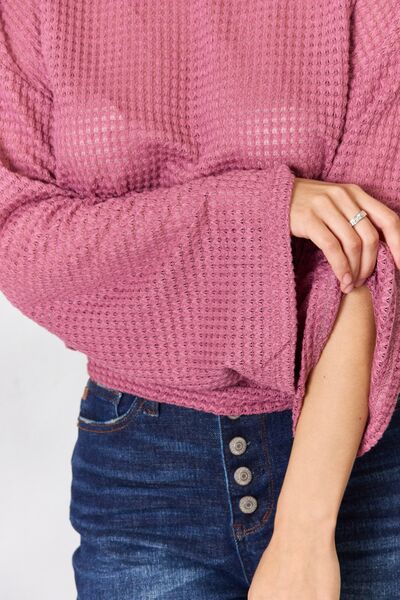 Waffle-Knit Round Neck Long Sleeve Blouse - Women’s Clothing & Accessories - Shirts & Tops - 5 - 2024