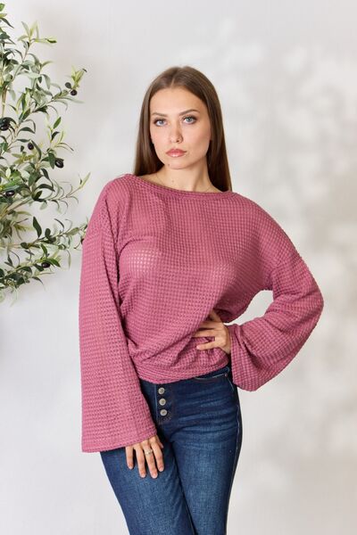 Waffle-Knit Round Neck Long Sleeve Blouse - DARK ROSE / S - Women’s Clothing & Accessories - Shirts & Tops - 1 - 2024
