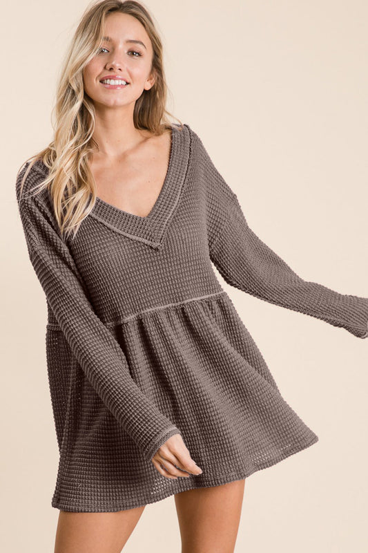 Waffle Knit V-Neck Babydoll Blouse - Women’s Clothing & Accessories - Shirts & Tops - 2 - 2024