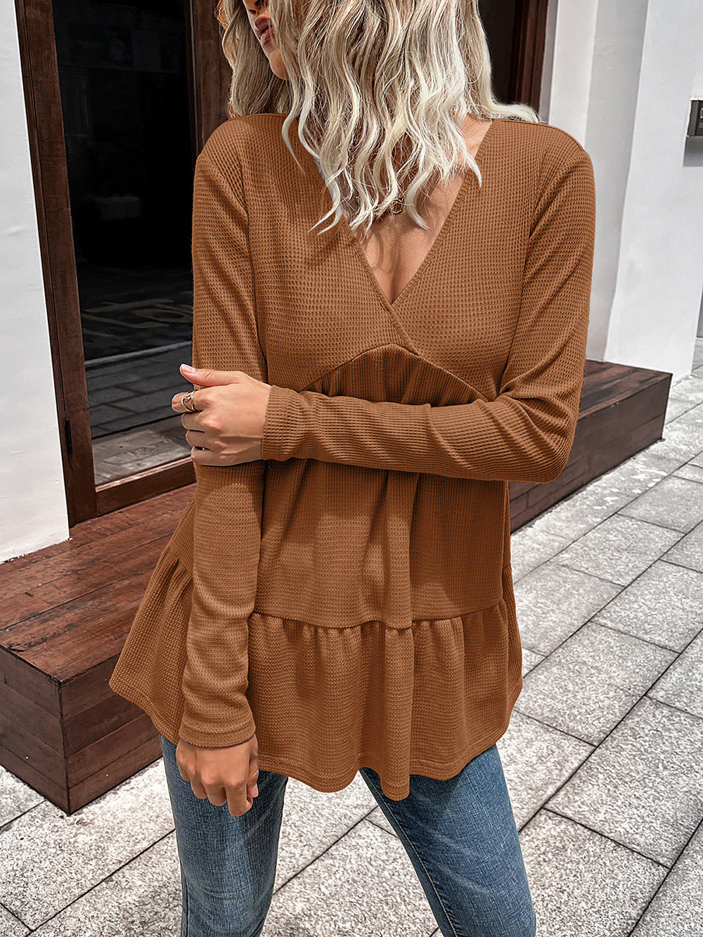 Waffle-Knit V-Neck Long Sleeve Blouse - Brown / S - Women’s Clothing & Accessories - Shirts & Tops - 10 - 2024