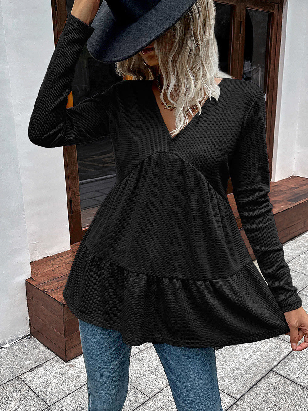 Waffle-Knit V-Neck Long Sleeve Blouse - Women’s Clothing & Accessories - Shirts & Tops - 8 - 2024