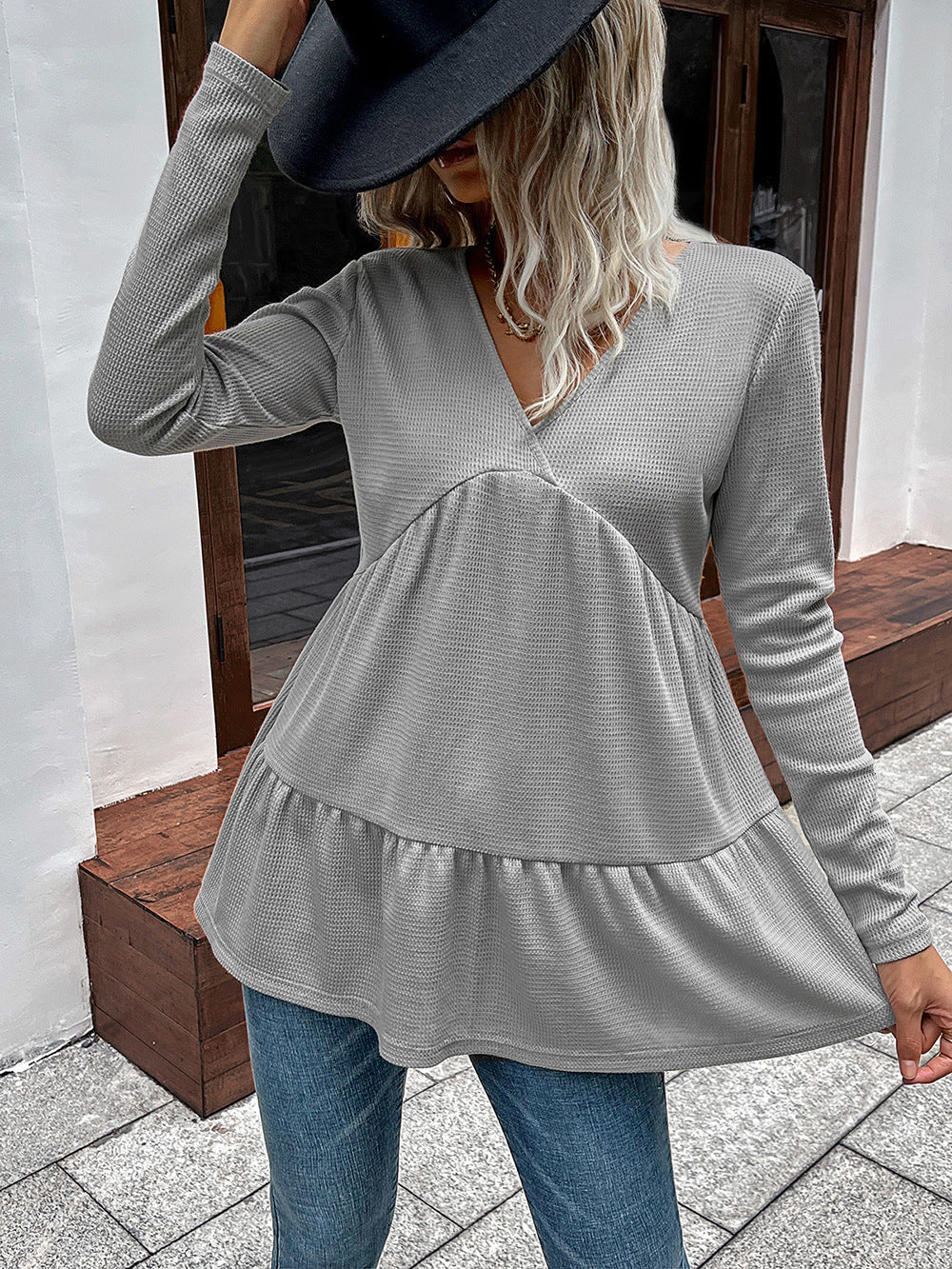 Waffle-Knit V-Neck Long Sleeve Blouse - Women’s Clothing & Accessories - Shirts & Tops - 3 - 2024