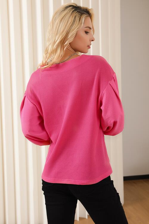 Waffle -Knit V-Neck Long Sleeve Blouse - Women’s Clothing & Accessories - Shirts & Tops - 6 - 2024