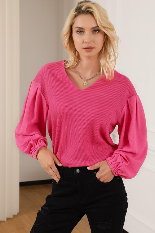 Waffle -Knit V-Neck Long Sleeve Blouse - Hot Pink / S - Women’s Clothing & Accessories - Shirts & Tops - 9 - 2024