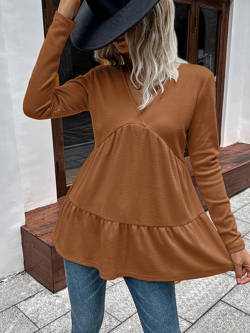 Waffle-Knit V-Neck Long Sleeve Blouse - Women’s Clothing & Accessories - Shirts & Tops - 12 - 2024