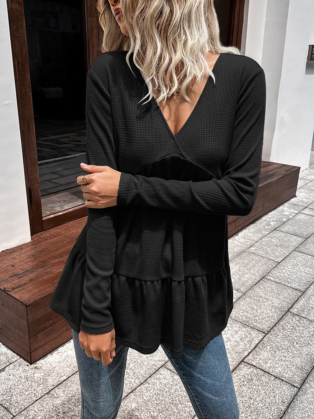Waffle-Knit V-Neck Long Sleeve Blouse - Black / S - Women’s Clothing & Accessories - Shirts & Tops - 6 - 2024
