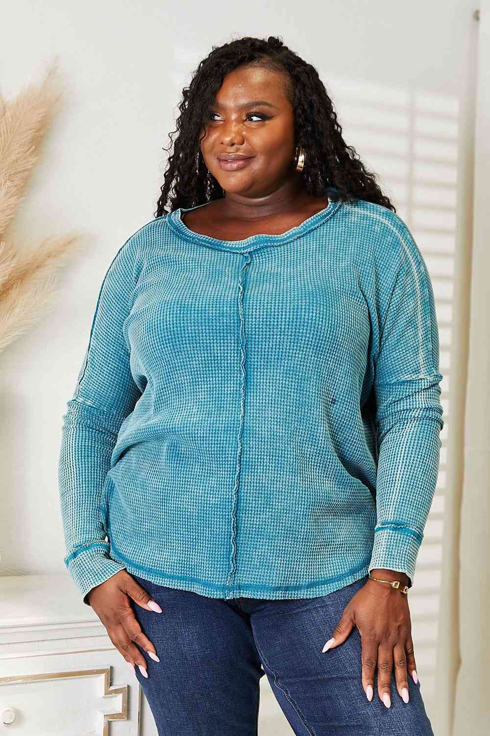 Washed Baby Waffle Oversized Long Sleeve Top - Turquoise / S/M - Women’s Clothing & Accessories - Shirts & Tops - 1
