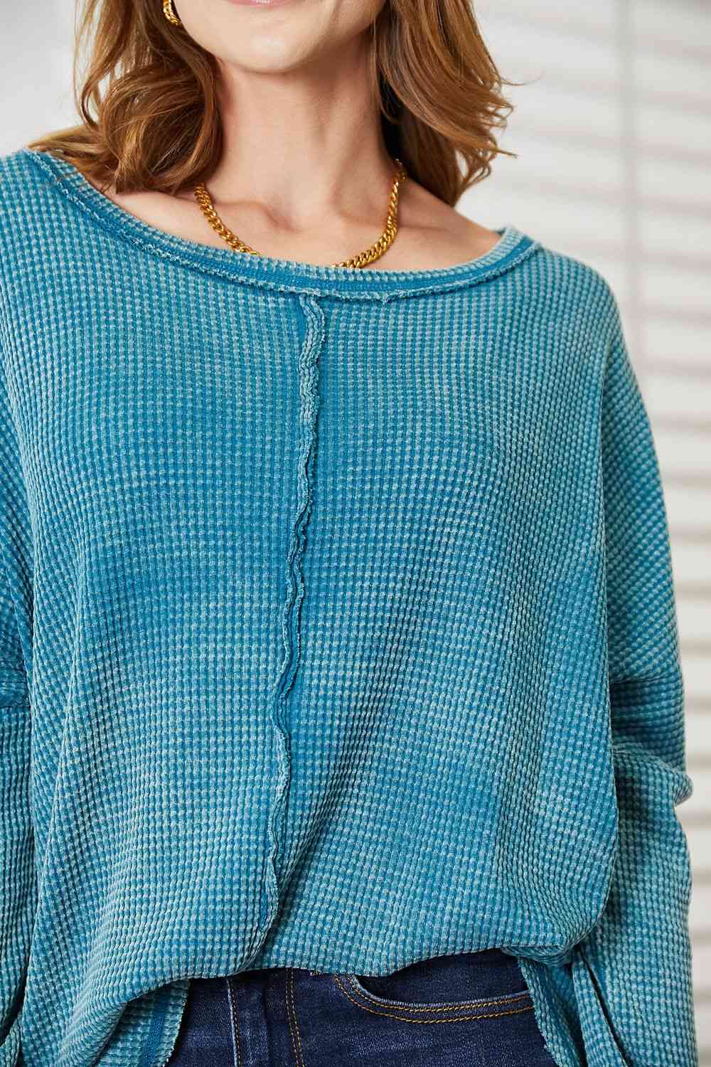 Washed Baby Waffle Oversized Long Sleeve Top - Women’s Clothing & Accessories - Shirts & Tops - 9 - 2024