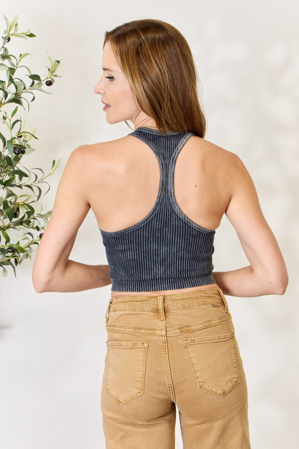 Washed Ribbed Crewneck Racerback Cropped Tank Top - Women’s Clothing & Accessories - Shirts & Tops - 2 - 2024