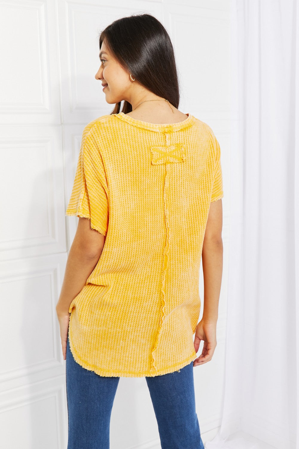 Washed Waffle Knit Top in Yellow Gold - Women’s Clothing & Accessories - Shirts & Tops - 2 - 2024