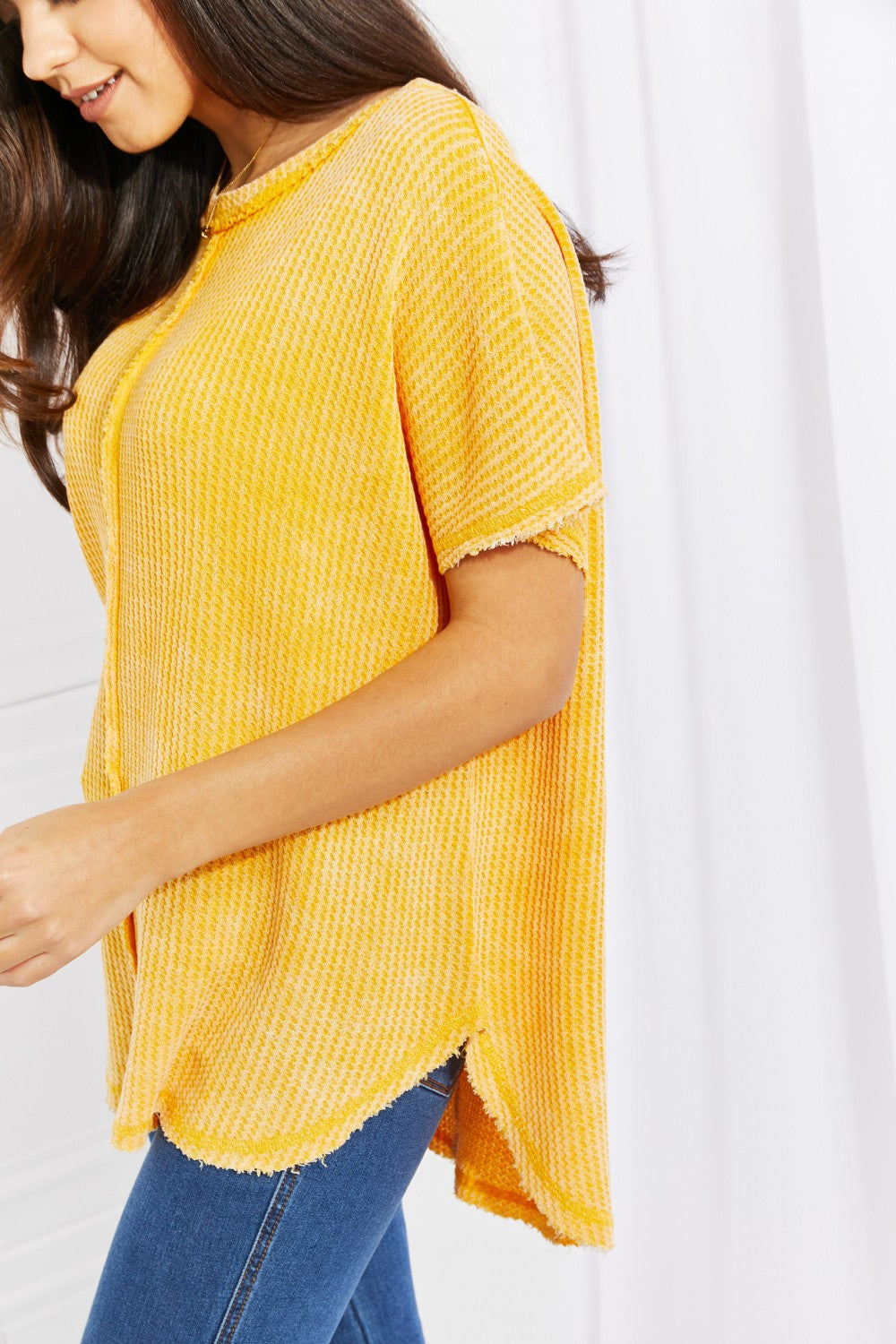 Washed Waffle Knit Top in Yellow Gold - Women’s Clothing & Accessories - Shirts & Tops - 5 - 2024