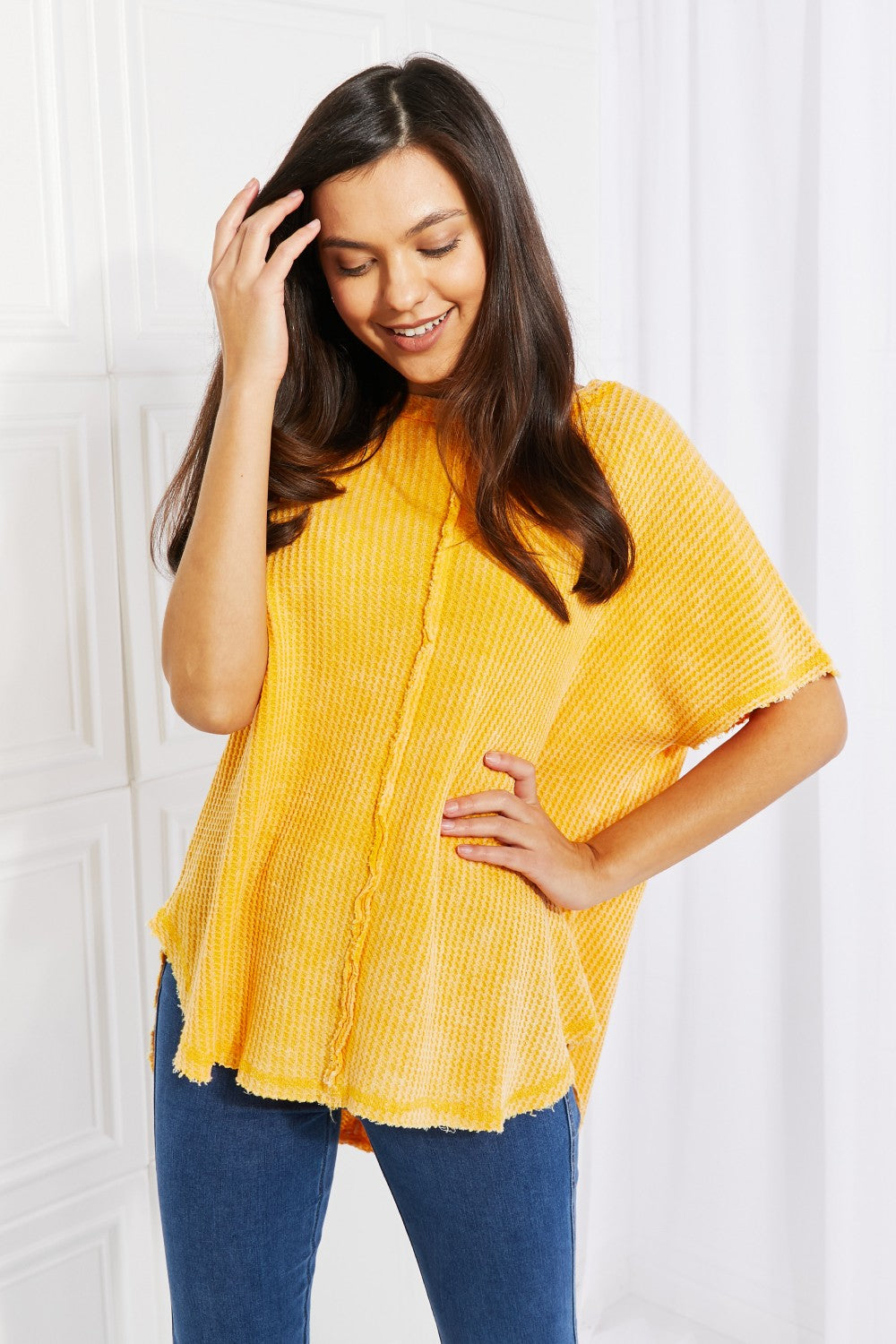 Washed Waffle Knit Top in Yellow Gold - Women’s Clothing & Accessories - Shirts & Tops - 3 - 2024