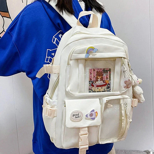 Waterproof Nylon Women’s Backpack - Multi-Pocket Kawaii School & Laptop Bag - White / Nearest Warehouse - Women’s