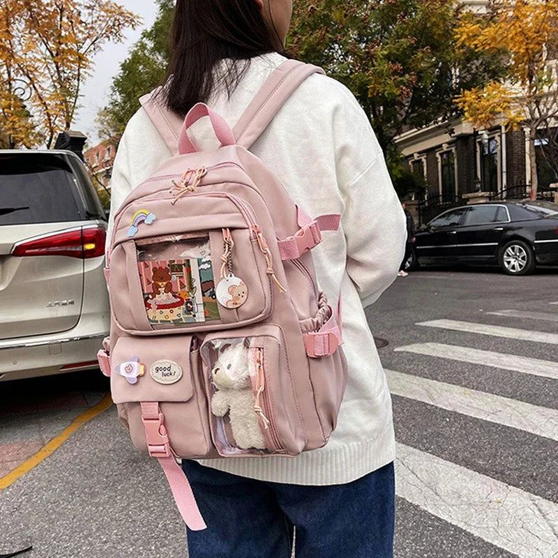 Waterproof Nylon Women’s Backpack - Multi-Pocket Kawaii School & Laptop Bag - Dusty Pink / Nearest Warehouse