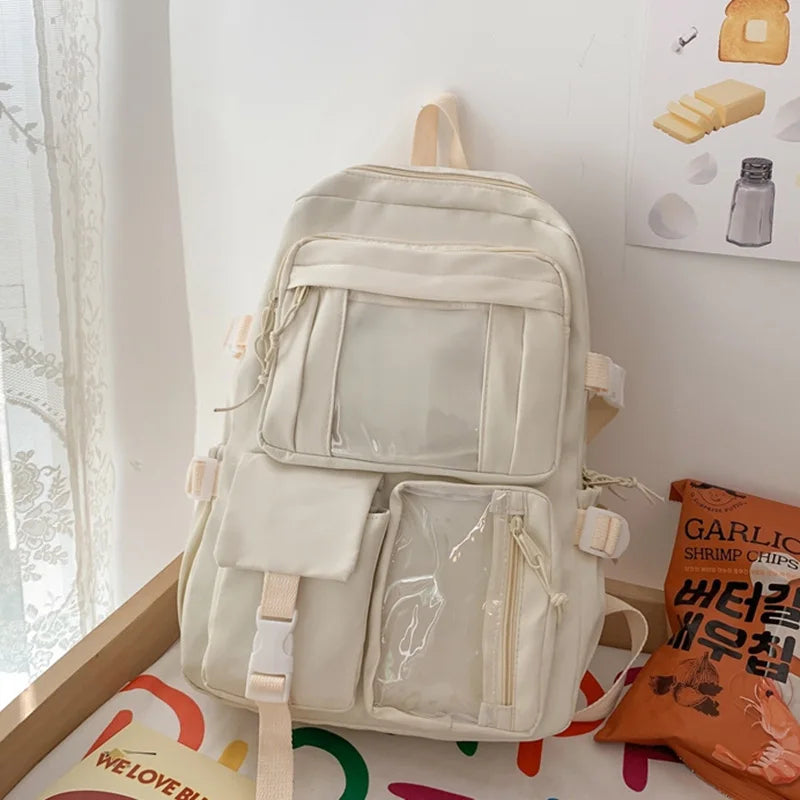 Waterproof Nylon Women’s Backpack - Multi-Pocket Kawaii School & Laptop Bag - Beige / Nearest Warehouse - Women’s
