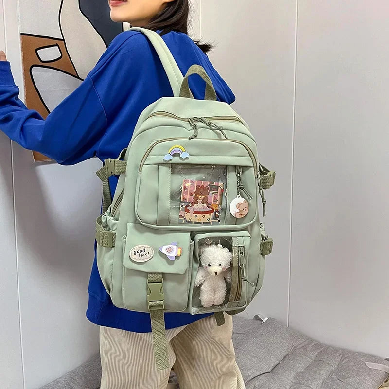 Waterproof Nylon Women’s Backpack - Multi-Pocket Kawaii School & Laptop Bag - Light Green / Nearest Warehouse