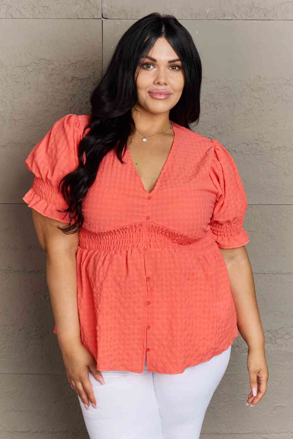 Whimsical Wonders Full Size V-Neck Puff Sleeve Button Down Top - Coral / S - Women’s Clothing & Accessories - Shirts