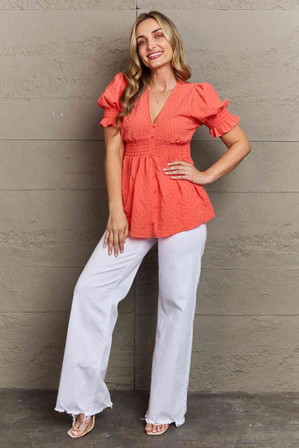 Whimsical Wonders Full Size V-Neck Puff Sleeve Button Down Top - Women’s Clothing & Accessories - Shirts & Tops - 10