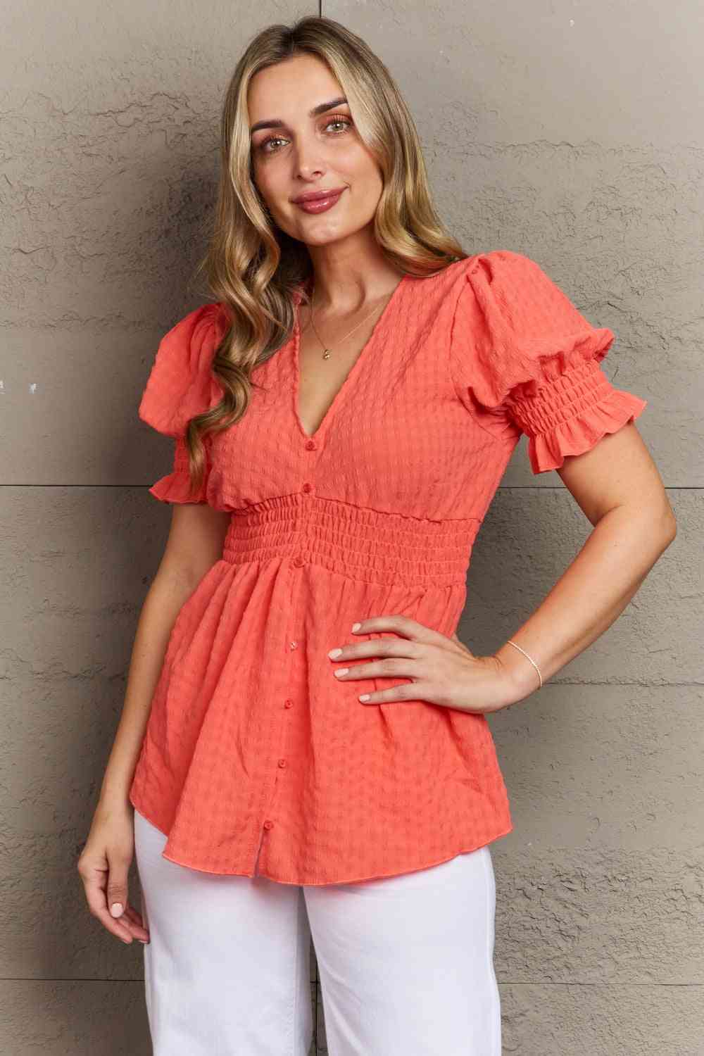 Whimsical Wonders Full Size V-Neck Puff Sleeve Button Down Top - Women’s Clothing & Accessories - Shirts & Tops - 7