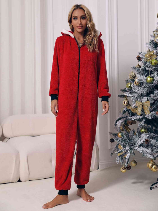 Zip Front Long Sleeve Hooded Teddy Lounge Jumpsuit - Deep Red / S - Women’s Clothing & Accessories - Jumpsuits &