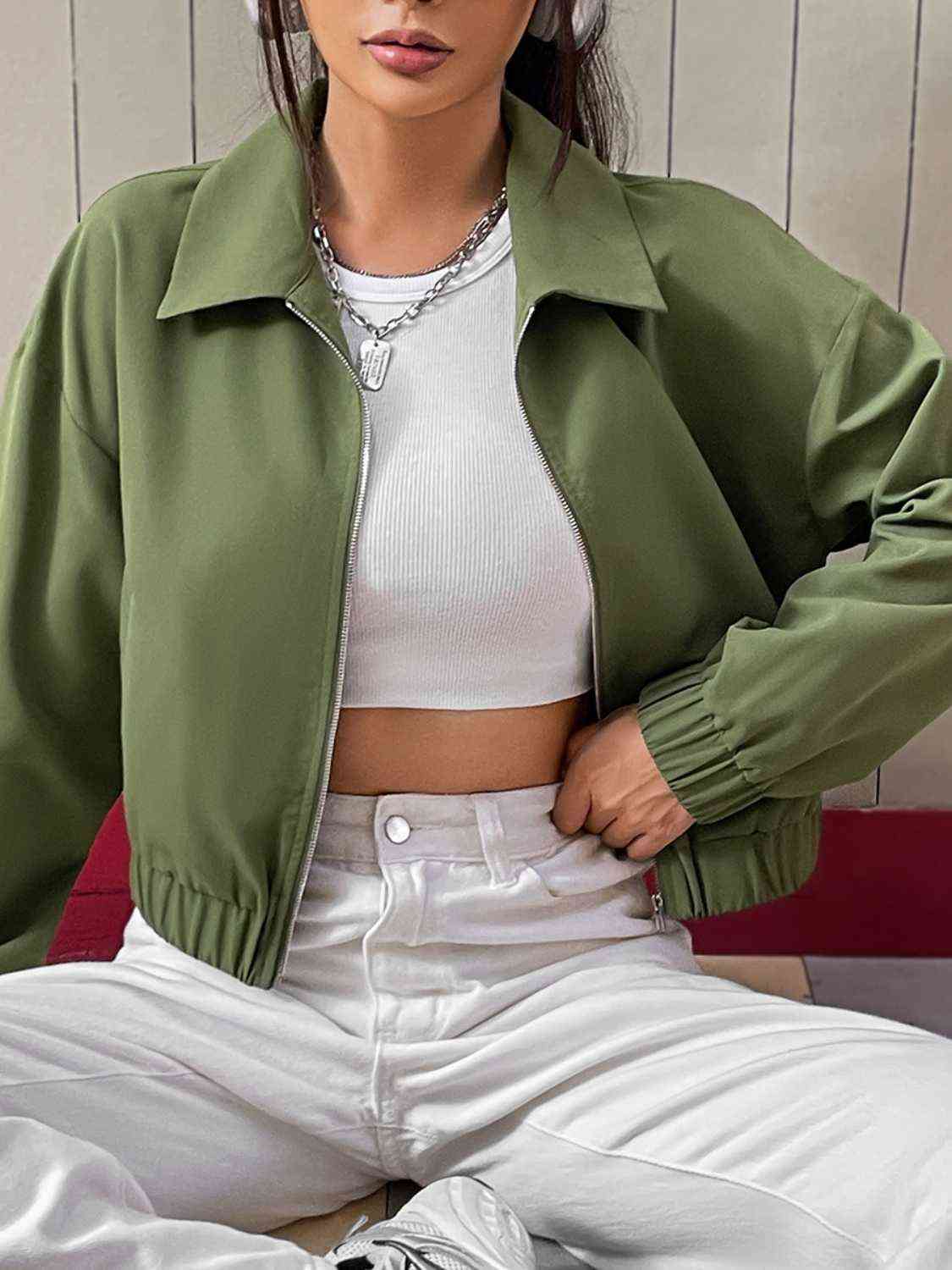 Zip-Up Collared Neck Long Sleeve Jacket - Women’s Clothing & Accessories - Coats & Jackets - 3 - 2024
