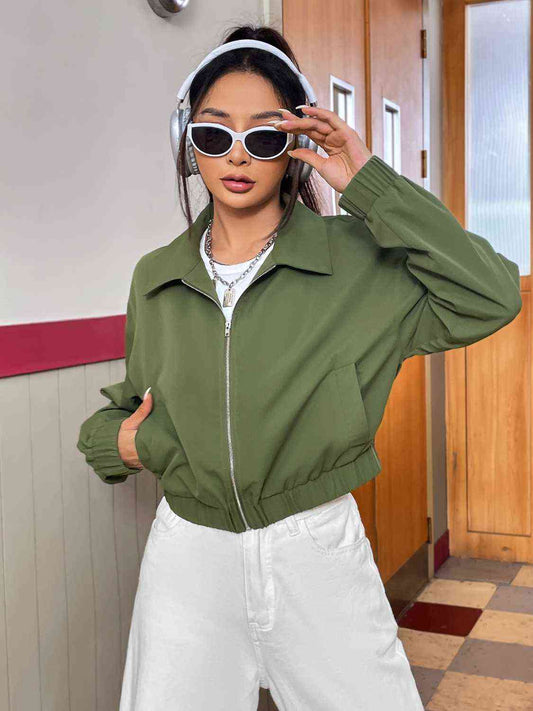 Zip-Up Collared Neck Long Sleeve Jacket - Matcha Green / S - Women’s Clothing & Accessories - Coats & Jackets - 1 - 2024