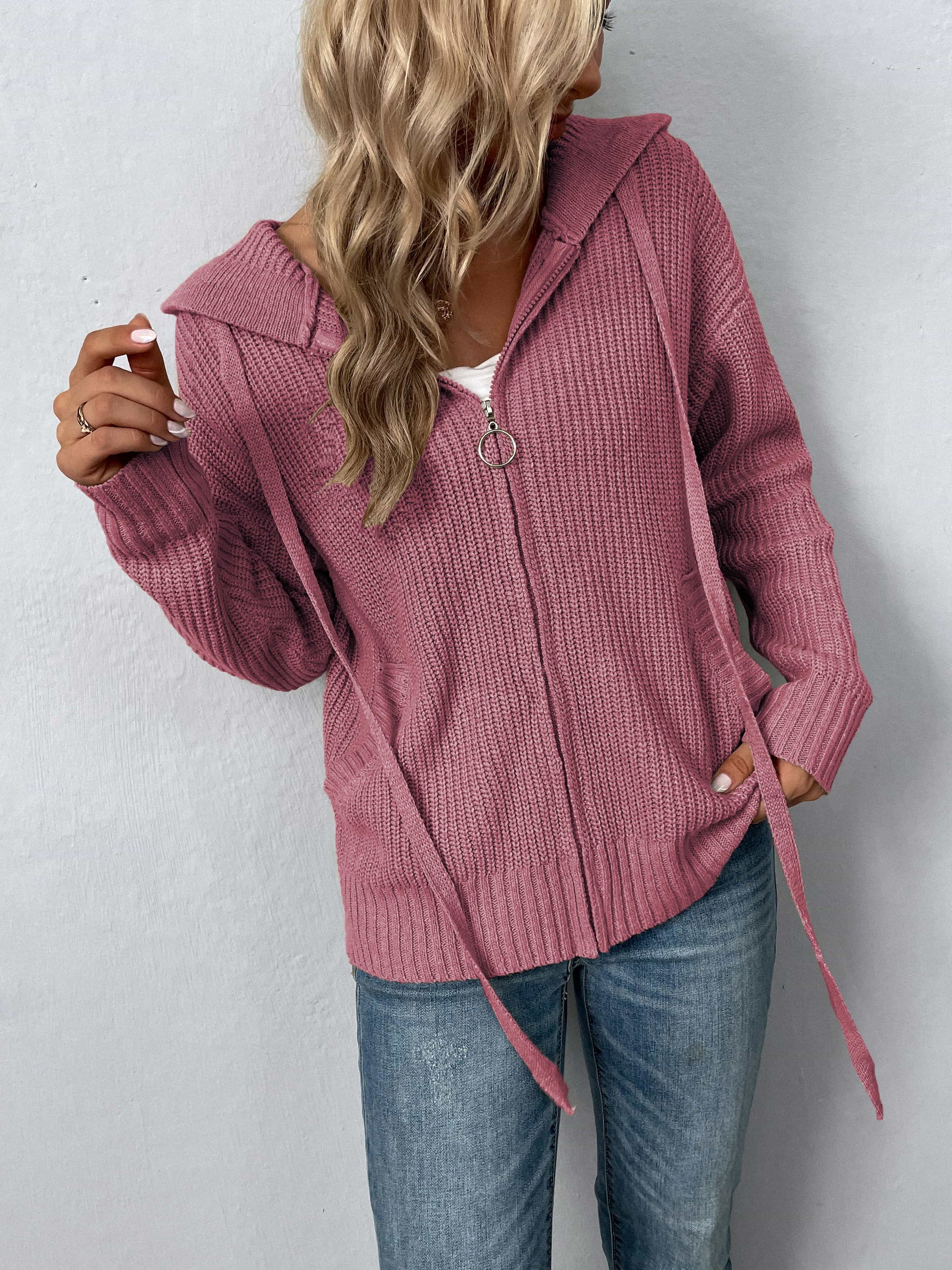Zip-Up Drawstring Detail Hooded Cardigan - Women’s Clothing & Accessories - Shirts & Tops - 6 - 2024